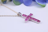 Small Natural Rubies set 20 mm Long Cross, Made From Solid Cast Silver, Complete with Silver Chain, British Hallmarked