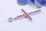 Natural Rubies set 35 mm Long Cross, Made From Solid Cast Silver, Complete with Silver Chain, British Hallmarked