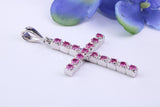 Natural Rubies set 35 mm Long Cross, Made From Solid Cast Silver, Complete with Silver Chain, British Hallmarked