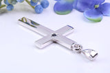 Natural Sapphire set Large 50 mm Long Chunky Cross, Made From Solid Cast Silver, Complete with Belcher Chain, British Hallmarked