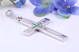 Natural Emeralds set Large 50 mm Long Chunky Cross, Made From Solid Cast Silver, Complete with Belcher Chain, British Hallmarked