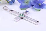 Natural Emeralds set Large 50 mm Long Chunky Cross, Made From Solid Cast Silver, Complete with Belcher Chain, British Hallmarked