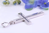 Natural Sapphires set Large 50 mm Long Chunky Cross, Made From Solid Cast Silver, Complete with Belcher Chain, British Hallmarked