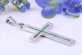 Natural Emeralds set Large 50 mm Long Chunky Cross, Made From Solid Cast Silver, Complete with Belcher Chain, British Hallmarked