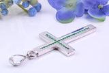 Natural Emeralds set Large 50 mm Long Chunky Cross, Made From Solid Cast Silver, Complete with Belcher Chain, British Hallmarked