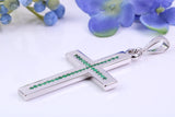 Natural Emeralds set Large 50 mm Long Chunky Cross, Made From Solid Cast Silver, Complete with Belcher Chain, British Hallmarked