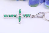 Natural Emeralds set 40 mm Long Cross, Made From Solid Cast Silver, Complete with Silver Chain, British Hallmarked