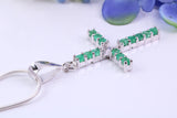 Natural Emeralds set 40 mm Long Cross, Made From Solid Cast Silver, Complete with Silver Chain, British Hallmarked