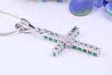 Natural Emeralds set 40 mm Long Cross, Made From Solid Cast Silver, Complete with Silver Chain, British Hallmarked