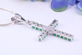 Natural Emeralds set 40 mm Long Cross, Made From Solid Cast Silver, Complete with Silver Chain, British Hallmarked