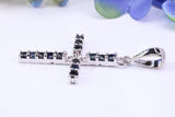 Natural Sapphires set 40 mm Long Cross, Made From Solid Cast Silver, Complete with Silver Chain, British Hallmarked