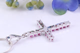 Natural Emeralds set 40 mm Long Cross, Made From Solid Cast Silver, Complete with Silver Chain, British Hallmarked
