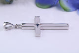 33 mm Long Chunky Real Blue Sapphire set Cross Necklace, Made From Solid Cast Silver, Complete With Chain