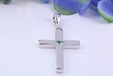 33 mm Long Chunky Real Emerald set Cross Necklace, Made From Solid Cast Silver, Complete With Chain