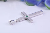 33 mm Long Chunky Real Emerald set Cross Necklace, Made From Solid Cast Silver, Complete With Chain