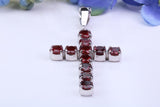 Real Garnet set 60 mm Long Cross Necklace, Made From Solid Cast Silver, British Hallmarked