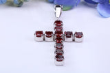 Real Garnet set 60 mm Long Cross Necklace, Made From Solid Cast Silver, British Hallmarked