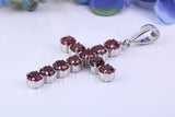 Real Garnet set 60 mm Long Cross Necklace, Made From Solid Cast Silver, British Hallmarked