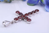 Real Garnet set 60 mm Long Cross Necklace, Made From Solid Cast Silver, British Hallmarked