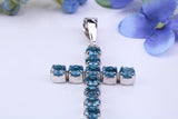 Real Blue Topaz set 60 mm Long Cross Necklace, Made From Solid Cast Silver, British Hallmarked