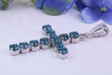 Real Blue Topaz set 60 mm Long Cross Necklace, Made From Solid Cast Silver, British Hallmarked