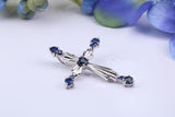 Ornate Real Blue Sapphires set Cross Necklace, Made From Solid Cast Silver, Complete With Chain