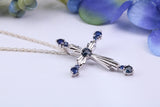 Ornate Real Blue Sapphires set Cross Necklace, Made From Solid Cast Silver, Complete With Chain