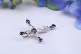 Ornate Real Blue Sapphires set Cross Necklace, Made From Solid Cast Silver, Complete With Chain