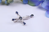 Ornate Real Blue Sapphires set Cross Necklace, Made From Solid Cast Silver, Complete With Chain