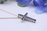 Small Real Blue Sapphires set Cross Necklace, Made From Solid Cast Silver, Complete With Chain