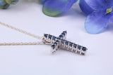 Small Real Blue Sapphires set Cross Necklace, Made From Solid Cast Silver, Complete With Chain