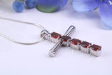 33 mm Long Real Garnets set Sterling Silver Cross, Made From Solid Cast Silver, Hallmarked and with Chain