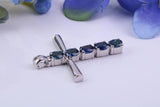 2.50ct Real Blue Sapphires set Silver Cross, Made From Solid Cast Silver, Hallmarked, Compete with Chain