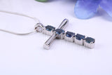 2.50ct Real Blue Sapphires set Silver Cross, Made From Solid Cast Silver, Hallmarked, Compete with Chain