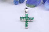 Small Natural Emeralds set 20 mm Long Cross, Made From Solid Cast Silver, Complete with Silver Chain, British Hallmarked