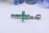 Small Natural Emeralds set 20 mm Long Cross, Made From Solid Cast Silver, Complete with Silver Chain, British Hallmarked