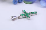 Small Natural Emeralds set 20 mm Long Cross, Made From Solid Cast Silver, Complete with Silver Chain, British Hallmarked