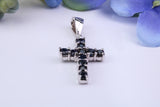 Small Natural Sapphires set 25 mm Long Cross, Made From Solid Cast Silver, Complete with Silver Chain, British Hallmarked