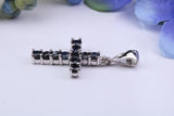 Small Natural Sapphires set 25 mm Long Cross, Made From Solid Cast Silver, Complete with Silver Chain, British Hallmarked