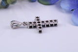 Small Natural Sapphires set 25 mm Long Cross, Made From Solid Cast Silver, Complete with Silver Chain, British Hallmarked