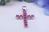 2 carats Natural Rubies set 35 mm Long Cross, Made From Solid Cast Silver, Complete with Silver Chain, British Hallmarked