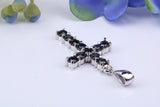 Natural Sapphires set 28 mm Long Cross, Made From Solid Cast Silver, Complete with Silver Chain, British Hallmarked