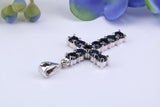 Natural Sapphires set 28 mm Long Cross, Made From Solid Cast Silver, Complete with Silver Chain, British Hallmarked