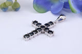 Natural Sapphires set 28 mm Long Cross, Made From Solid Cast Silver, Complete with Silver Chain, British Hallmarked