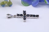 Natural Sapphires set 28 mm Long Cross, Made From Solid Cast Silver, Complete with Silver Chain, British Hallmarked
