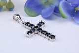 Natural Sapphires set 28 mm Long Cross, Made From Solid Cast Silver, Complete with Silver Chain, British Hallmarked