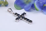 Natural Sapphires set 28 mm Long Cross, Made From Solid Cast Silver, Complete with Silver Chain, British Hallmarked