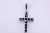 Natural Sapphires set 28 mm Long Cross, Made From Solid Cast Silver, Complete with Silver Chain, British Hallmarked