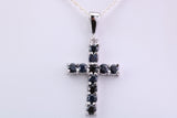 Natural Sapphires set 28 mm Long Cross, Made From Solid Cast Silver, Complete with Silver Chain, British Hallmarked