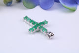 Small Natural Emeralds set 20 mm Long Cross, Made From Solid Cast Silver, Complete with Silver Chain, British Hallmarked